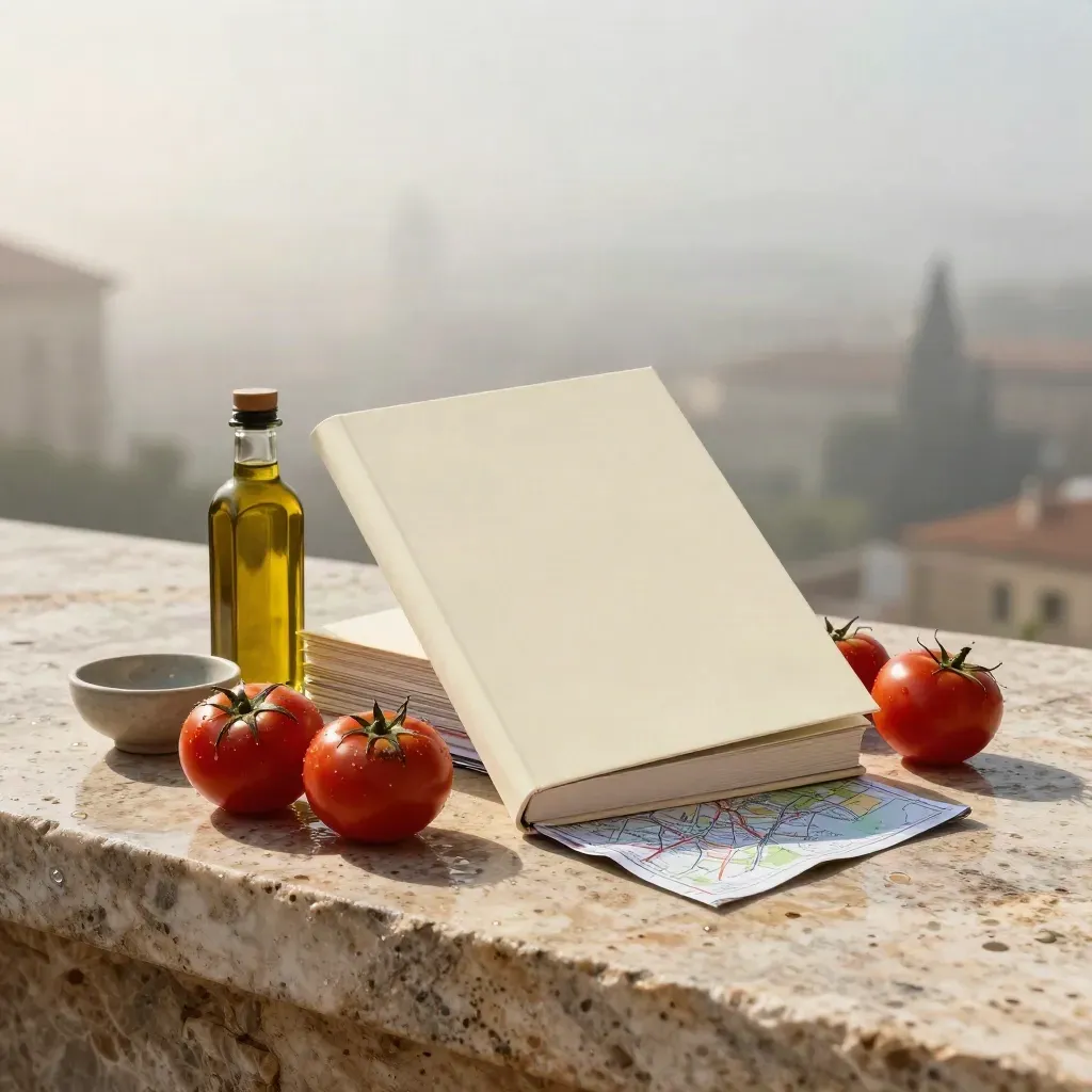 Guida di Roma, mappa piegata, pomodori, olio e travertino bagnato in luce drammatica.