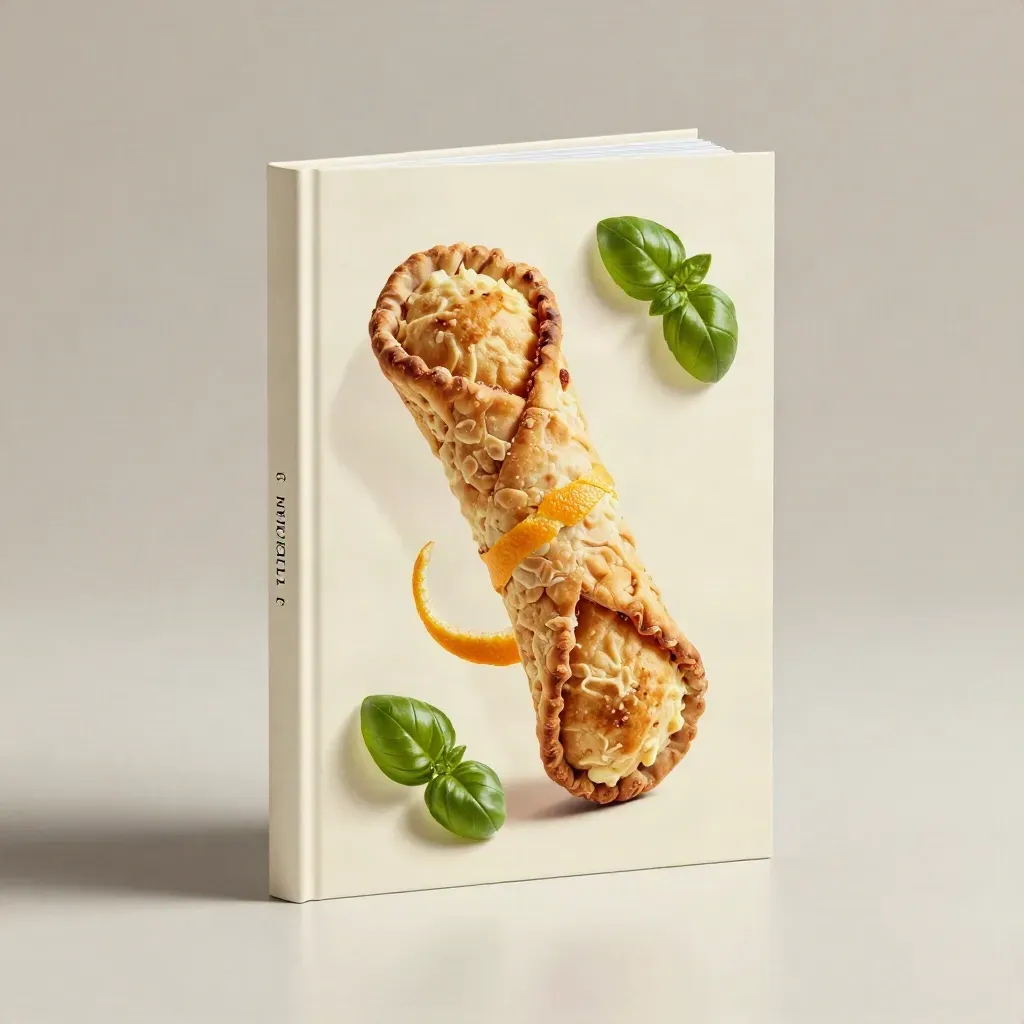 Guida Sicilia da Mangiare con cannolo, scorza d’arancia e foglie di basilico su sfondo chiaro.