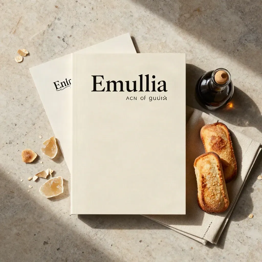 Flat lay del volume guida Emilia Slow con Parmigiano, aceto balsamico, tigelle e lino su pietra chiara.