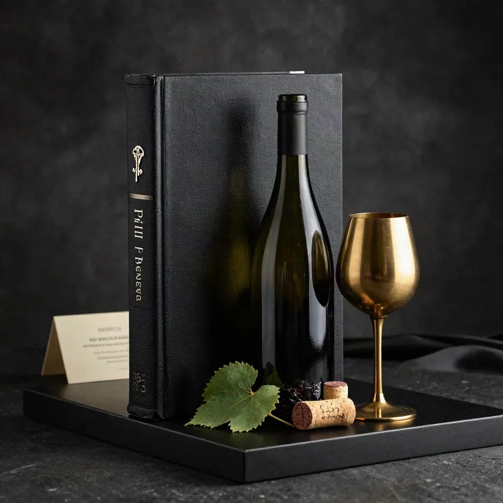 Libro vino Piemonte con bottiglia, tappi, foglie di vite e calice in studio scuro