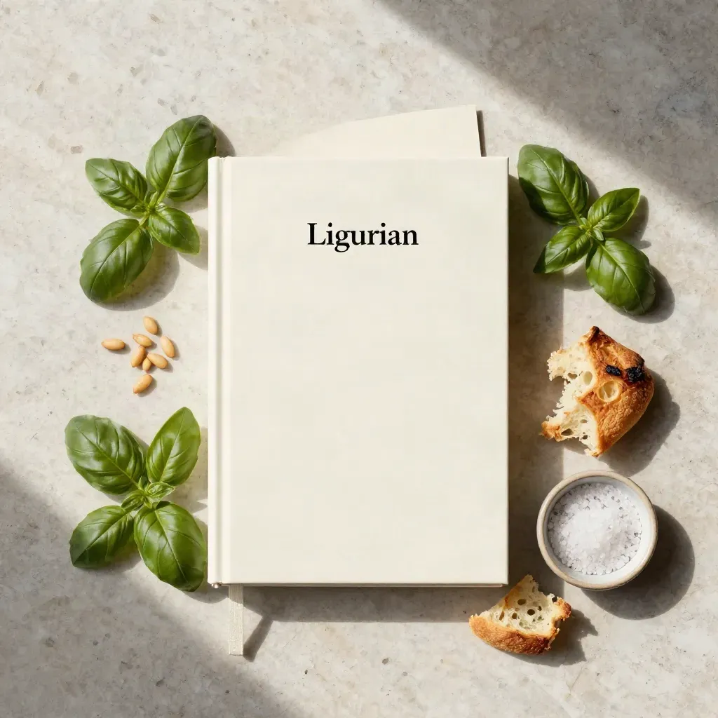 Libro guida ligure con basilico, pinoli, focaccia e sale su lastra di travertino.