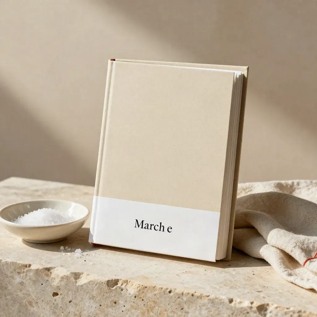 Guida Marche, ciotola in ceramica, lino chiaro e sale marino in still life editoriale.